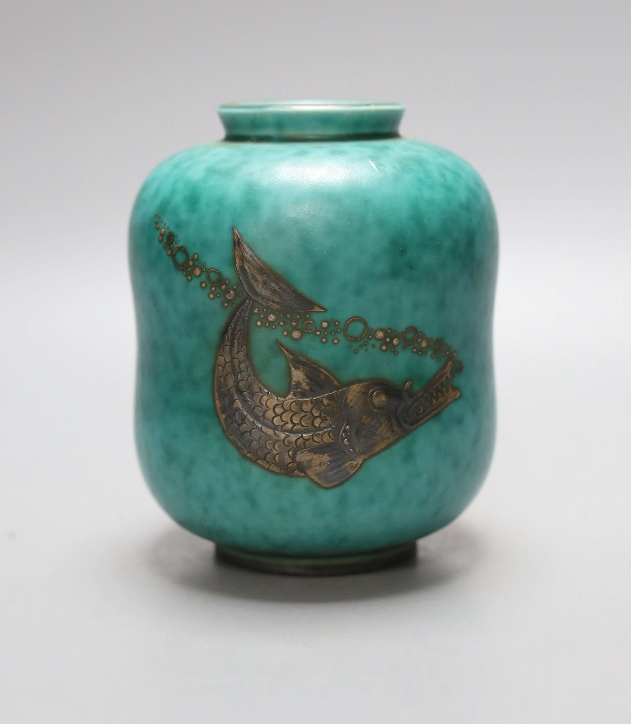 Willhelm Kage for Gustavsberg, a Swedish green glaze ‘Argenta’ ware vase, numbered 1079.1, 12cm tall